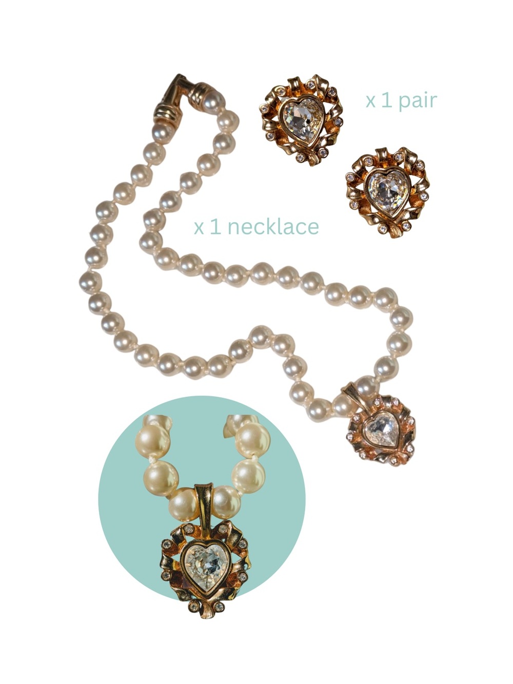 Vintage Swarovski Gold Plated Heart Pearl Look Necklace and Earrings SAL S.A.L.